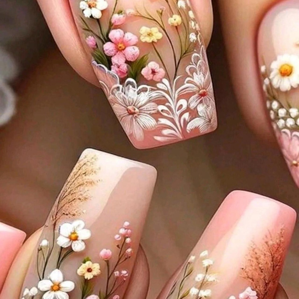 24Pcs Medium Coffin 3D Sculpture Press-On Nails Pink Gradient Flower Stripe sh